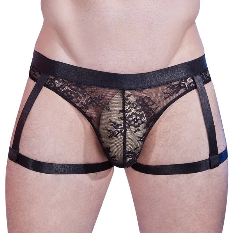 Sissy Lingerie Panties Men's Garter Belt Erotic Underwear Lace Mesh See Through Jockstrap Gay Low-Waist U Convex Pouch Underpant