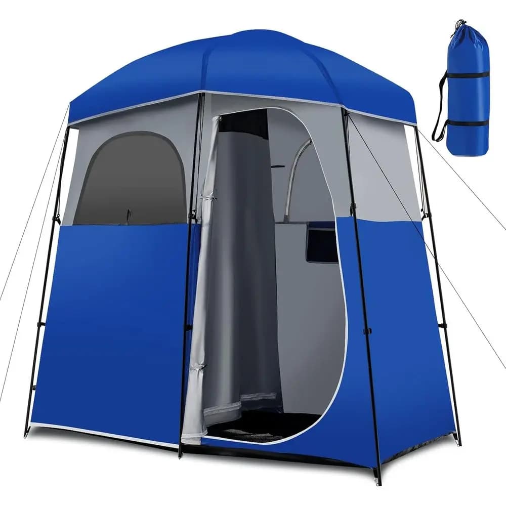 Spacious Shower Tent for Double Occupancy with Floor, Removable Rainfly, Storage Bag, and Toilet Privacy for Camping