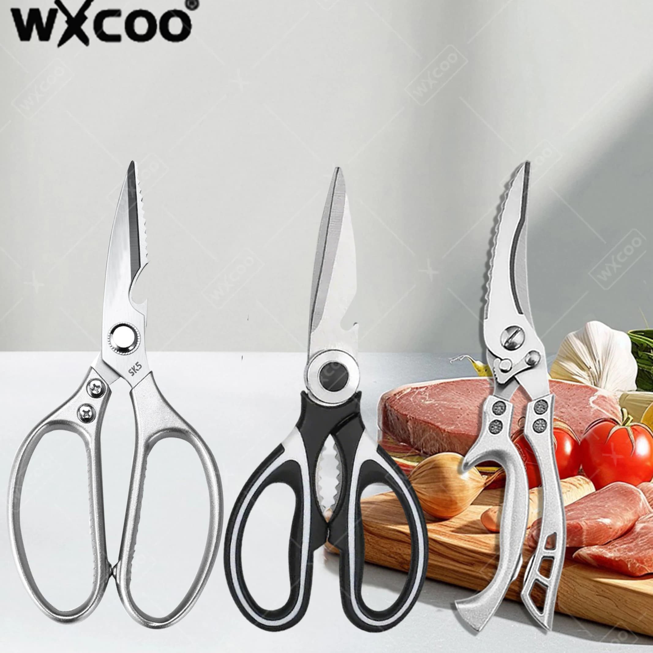 WXCOO 1 ~ 3 pieces stainless steel folding fruit knife kitchen scissors set for chicken bone scissors for safe multipurpose fish food