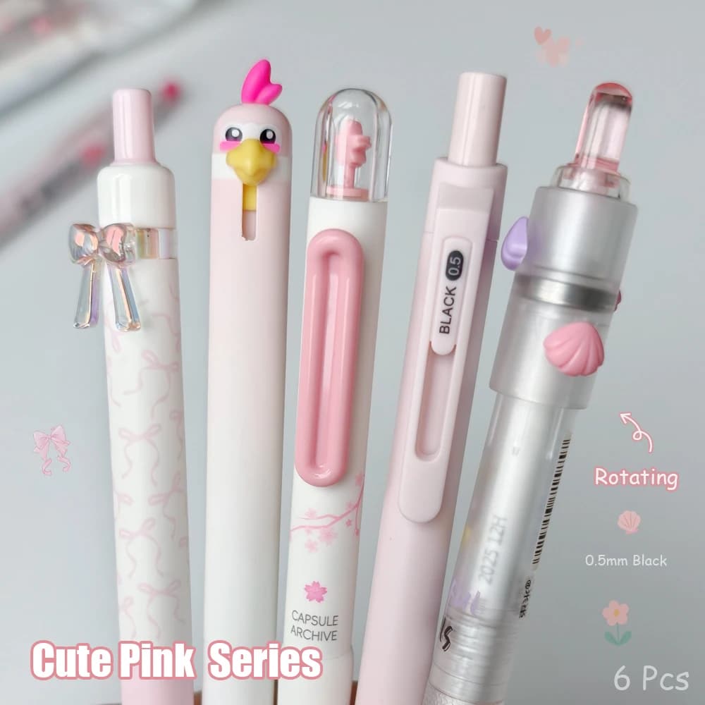 Set di 6 Penne Gel Rosa Divertenti da 0,5 mm, Stile Carino, Asciugatura Rapida, Inchiostro Nero per Studio e Ufficio