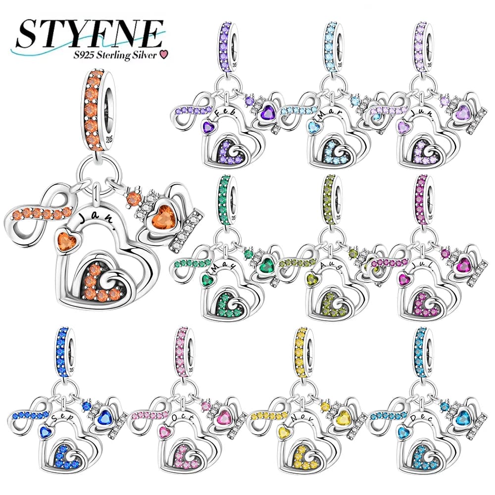 Charms 925 Silver Month Birthstone Beads Colored Zircon Pendant From January To December Fit Diy Bracelet Fashion Jewelry Gifts