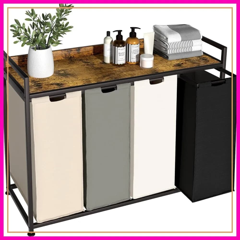 Organizzatore per Bucato a 4 Scomparti con Sacchi Estraibili, 60L Ciascuno, Struttura in Metallo, Ruote Mobili, Marrone Rustico