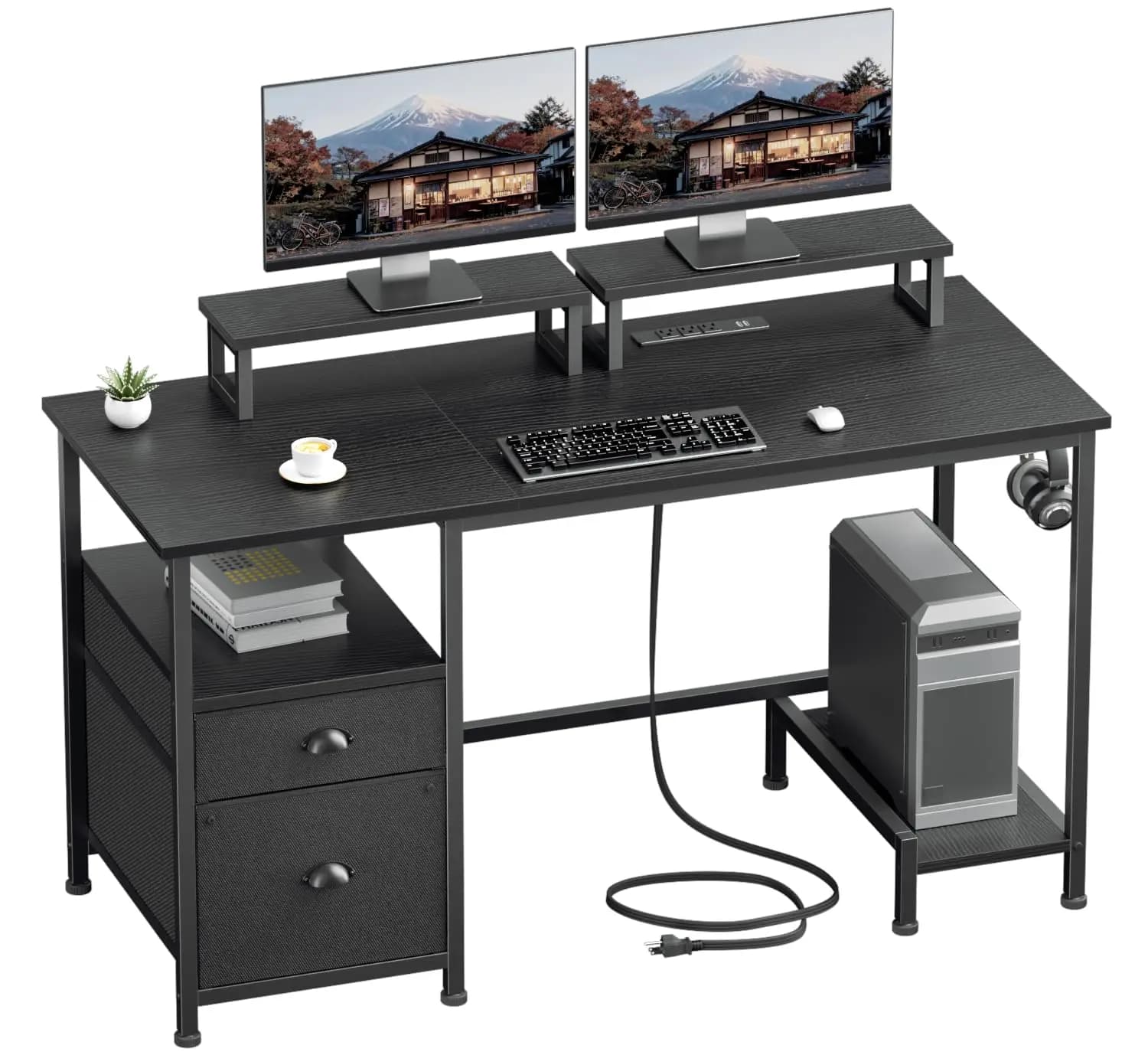 Scrivania da 47 Pollici con Armadietto Portadocumenti, Prese Elettriche, 2 Supporti per Monitor, Cassetti, Ripiani, Ganci, per Ufficio e Gaming, Personalizzabile