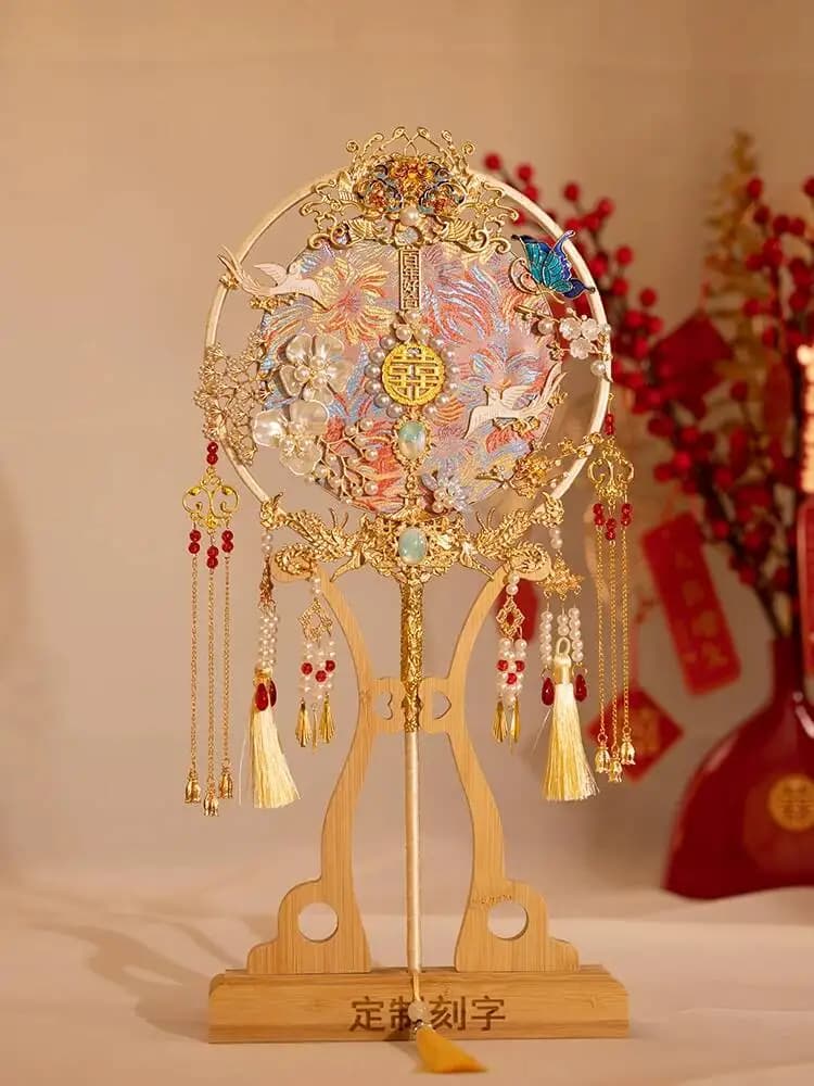 Chinese Style Bride Round Fan DIY Kit Gold Handmade Double-Sided Embroidery Wedding Fan Xiuhe Costume Marriage Fan