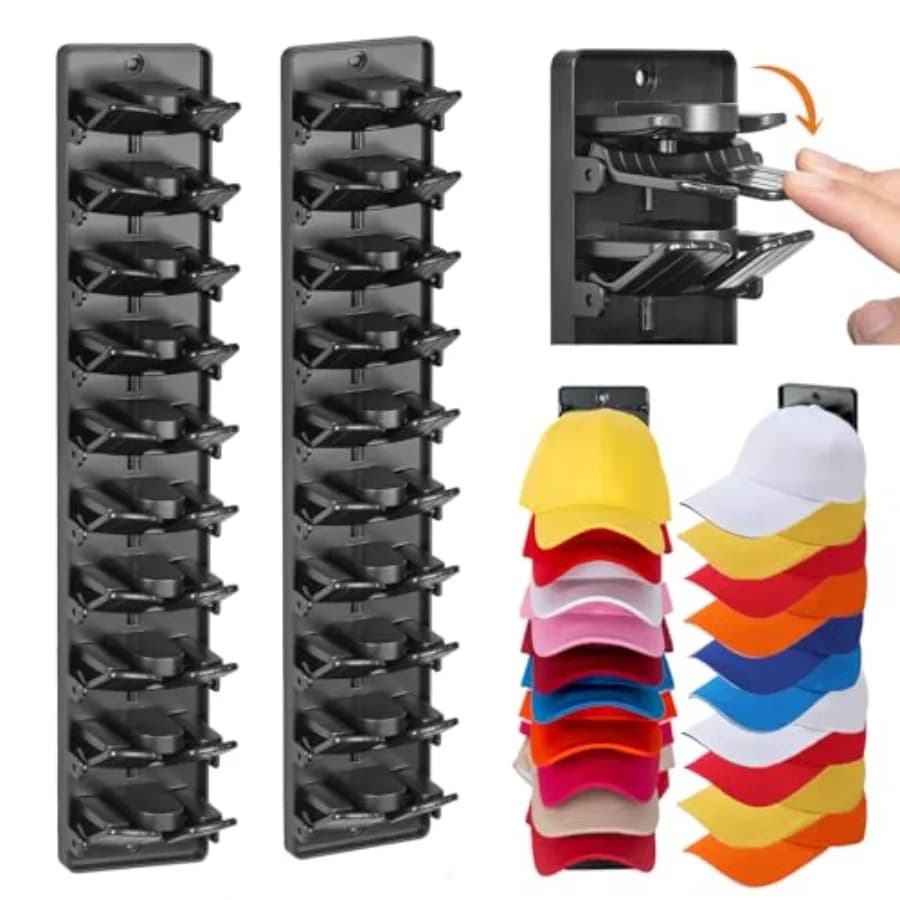 Spring Clip Hat Organizer Hold Storage 20 Caps for Baseball Caps 2-Pack,Hat Holder with Strong Adhesive and 8 Pack Screws, Hat