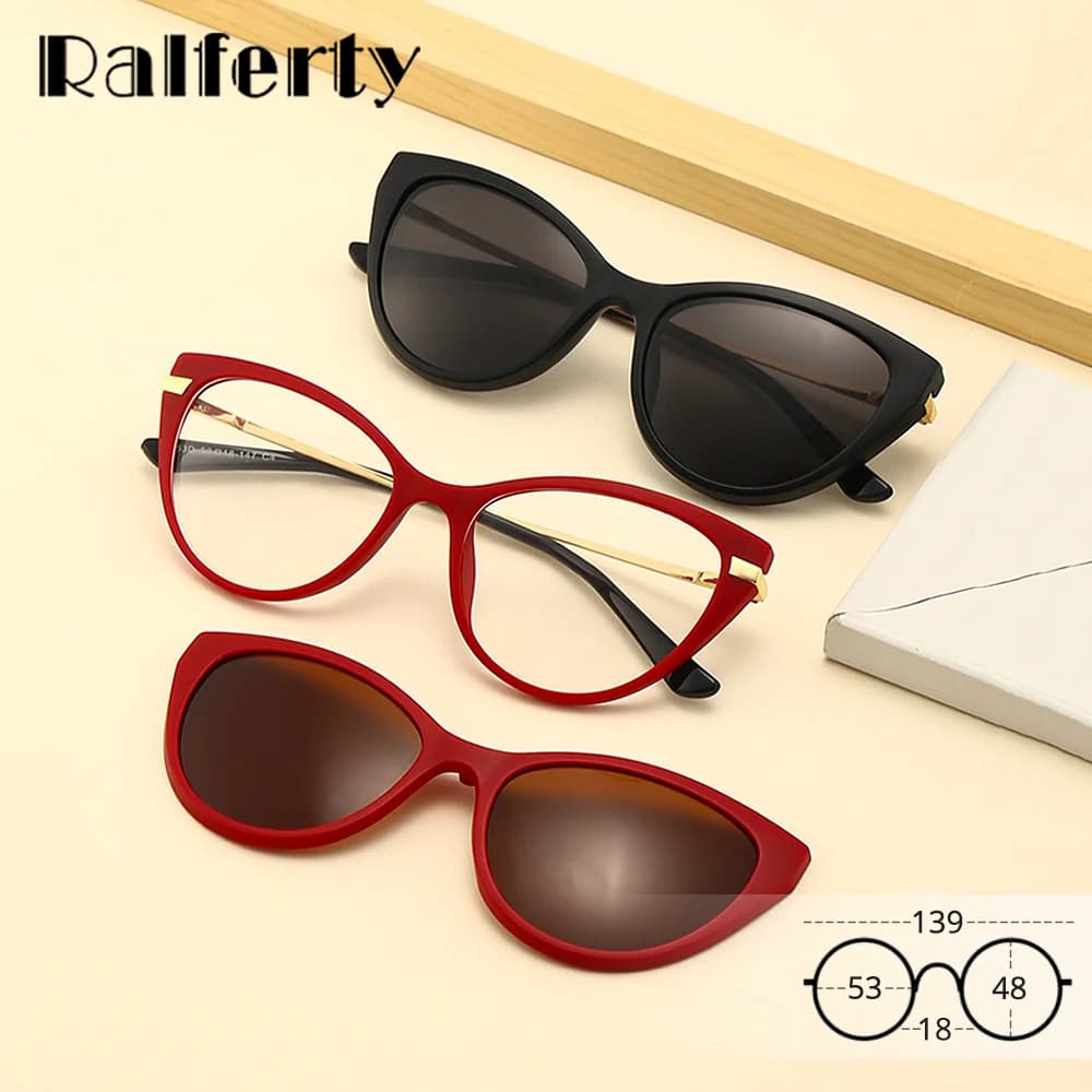 Ralferty 2 in 1 Vintage Cat Eye Sunglasses Women Magnet Clips On Glasses 0 Diopter Prescription Frame Sun Glasses for Women 2025
