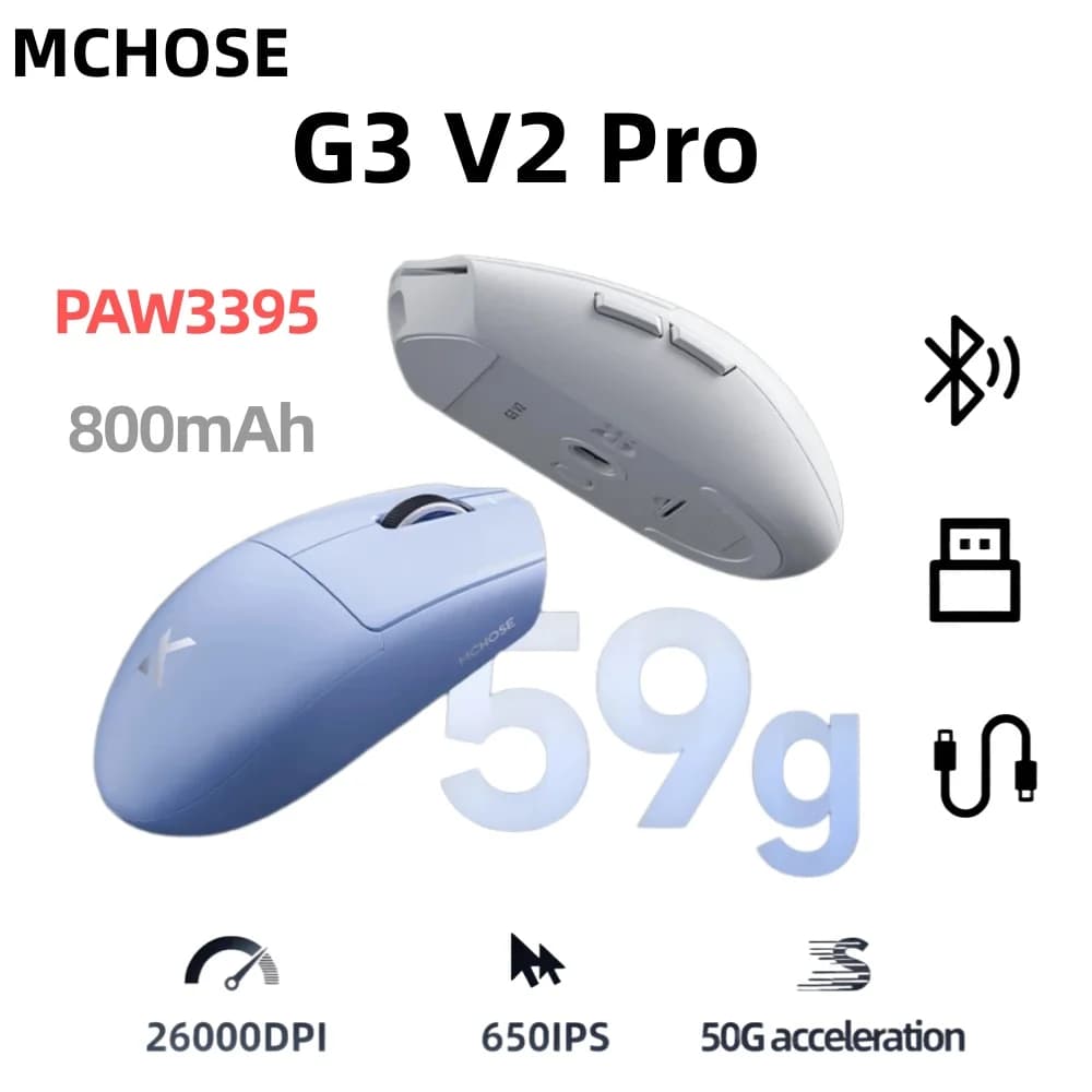 MCHOSE G3 V2 Pro Mouse da Gioco Professionale a Tre Modalità, PAW3395 26000DPI, Frequenza di Aggiornamento 59g, Mouse da Ufficio Ultra Leggero 800mAh