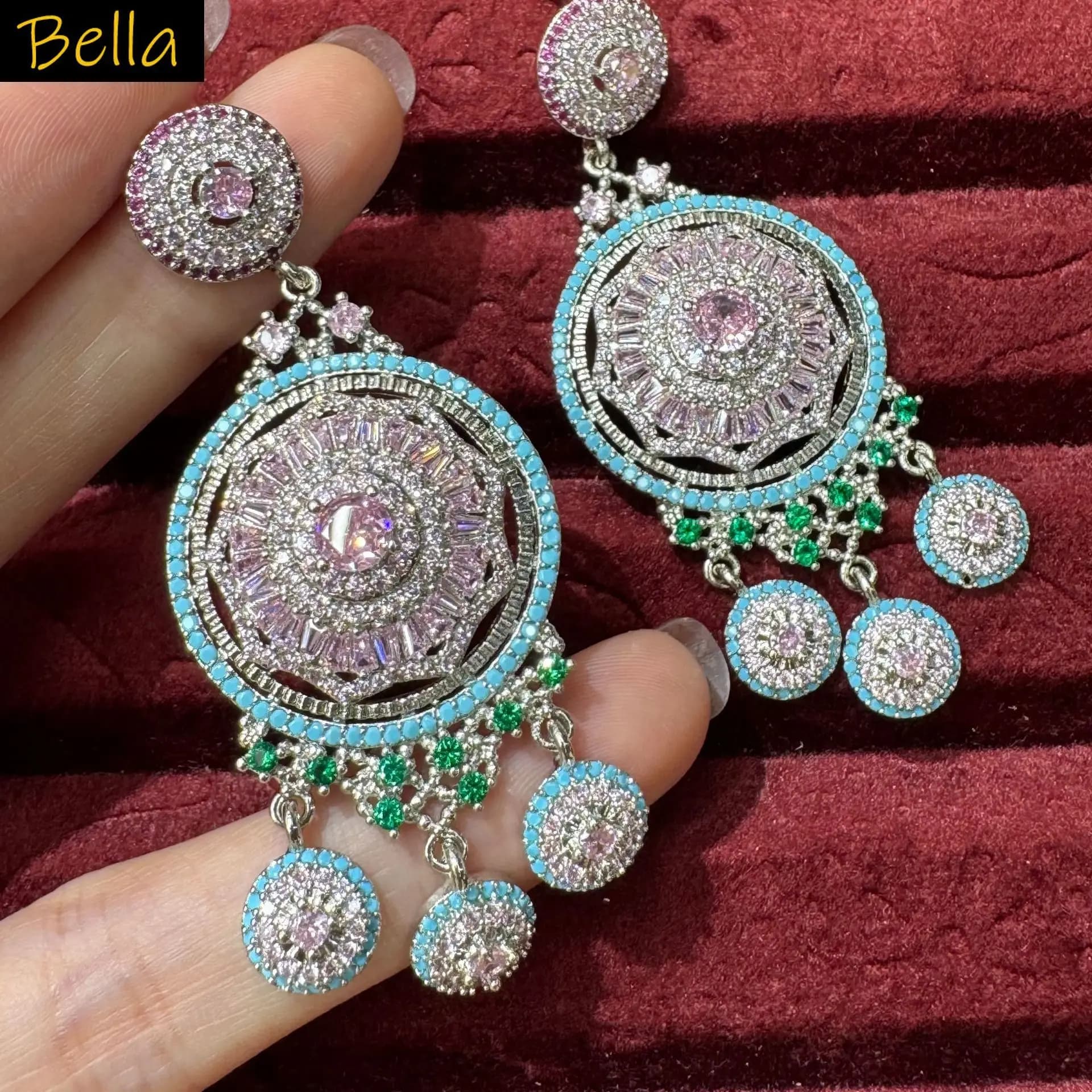 Classy Zirconia Earrings for Women Dinner Party Wedding Shiny Jewelry Pink Yellow Blue Fushia Dangling Earrings Dreamcatcher