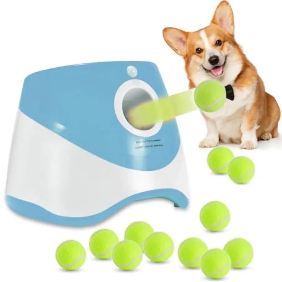 Lanciatore Automatico di Palline per Cani con 6 Palline da Tennis in ETPU da 2,3 Pollici, Distanza di Lancio 20-45 Piedi, Giocattoli Interattivi per Cani da Interno/Esterno