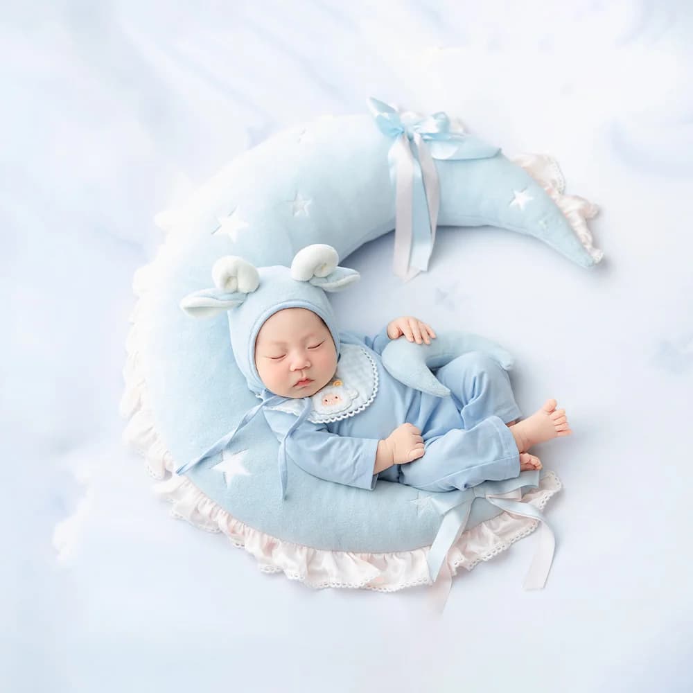 Blue Sheep Newborn Photography Props Set Moon Shape Posing Pillow Lamb Costume Hat Outfit Infant Studio Photoshoot Accessories