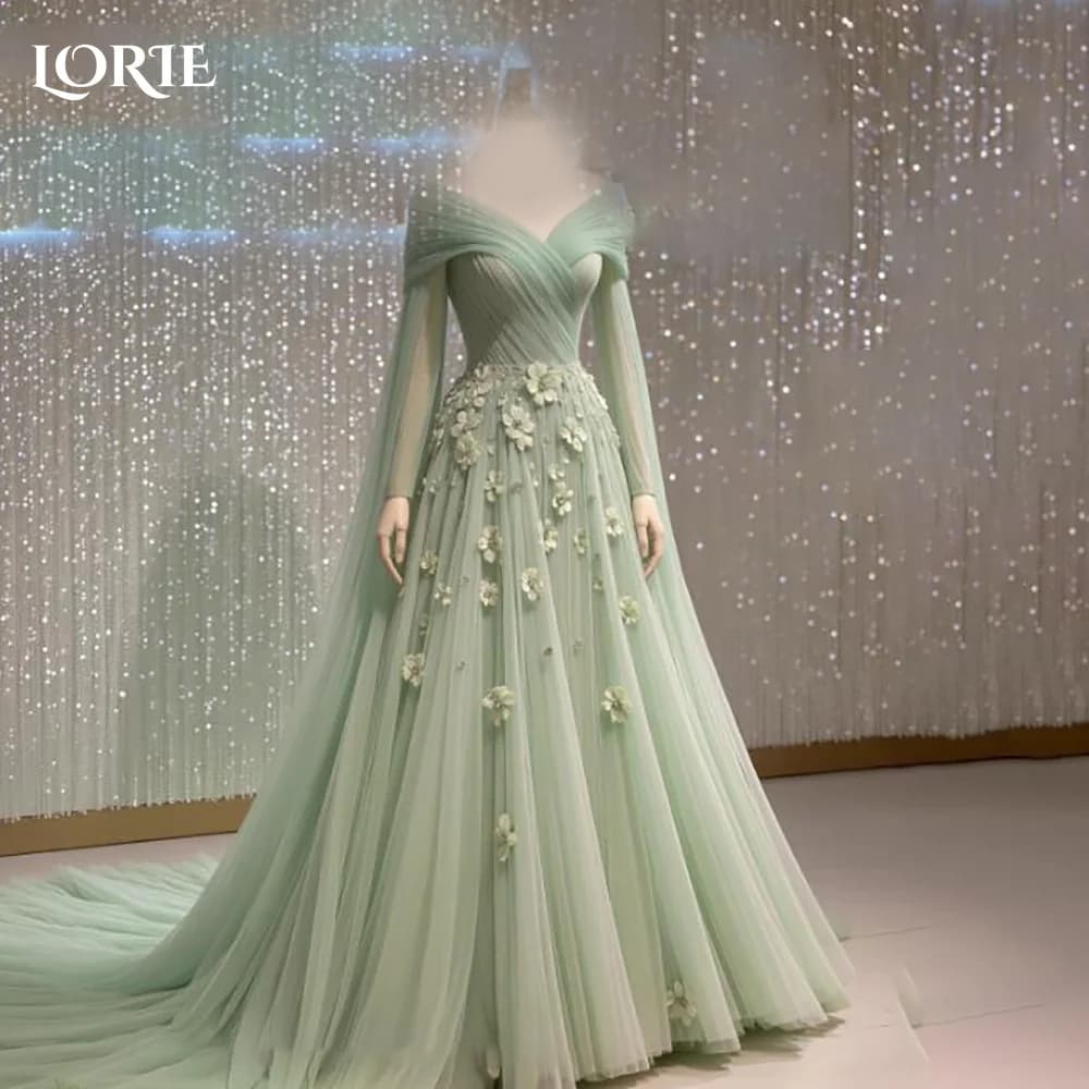 LORIE Abito da festa saudita in pizzo Manica lunga Applique Abito da sera a trapezio Abito da ballo Abito da festa con illusione di fiori 3D Club personalizzato