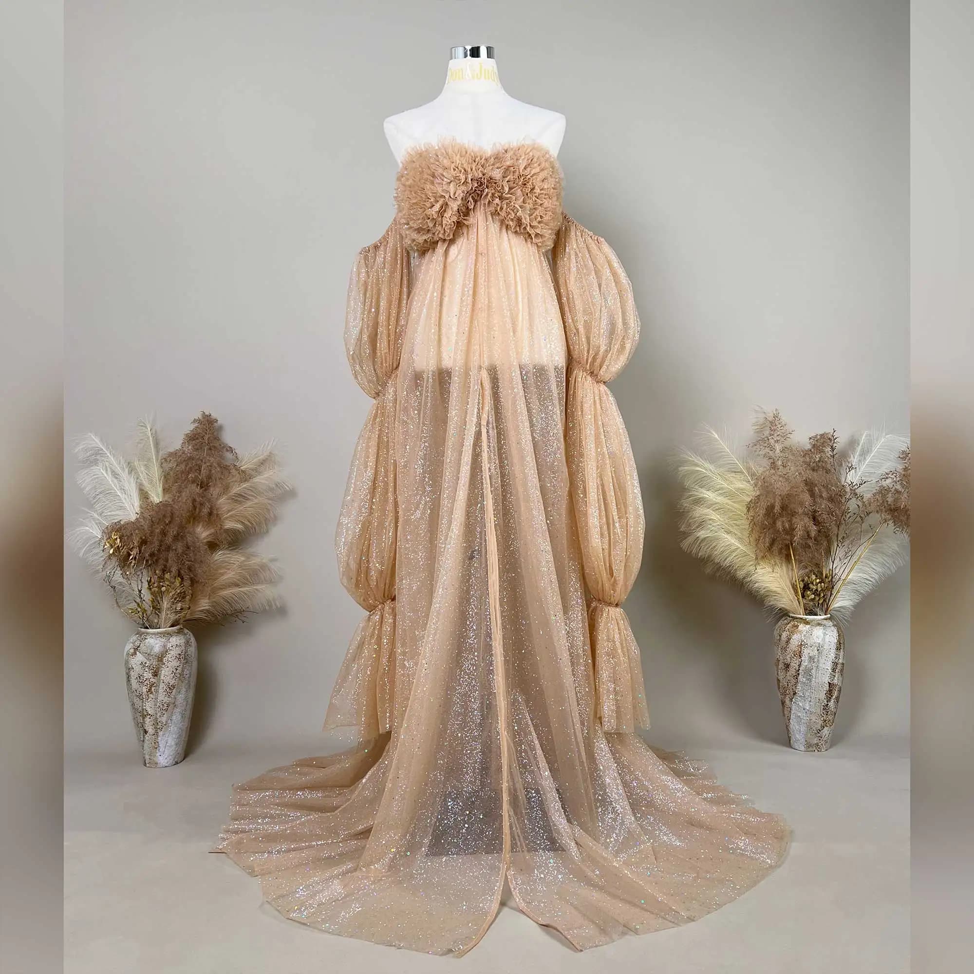 Don&Judy Handcraft Feather Trim Off-Shoulder Puff Sleeve Beige Maternity Dress Baby Shower Gown for Maternity Photography Props