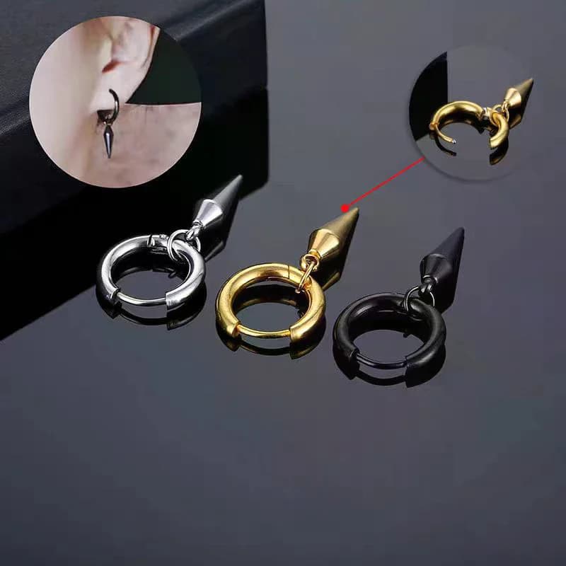 Punk Taper Stainless Steel Hoop Earring With Geometric Spike Pierced Stud For Women Men Hip Hop Rock Style Ear Jewelry