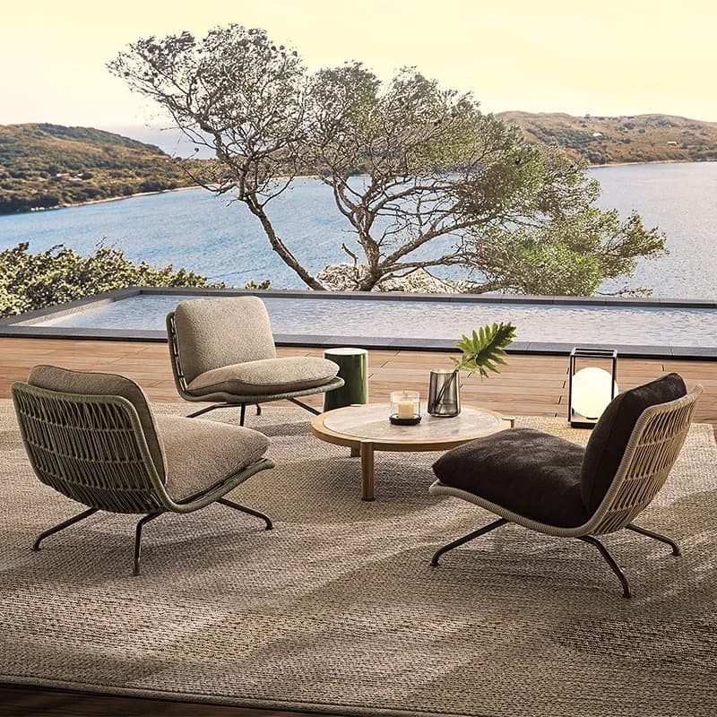 # Set Moderno di 3 Sedie Lounge da Esterno con Intreccio in Corda, Telaio in Metallo e Cuscini Assortiti, Mobili da Giardino Resistenti alle Intemperie per Bordo Piscina