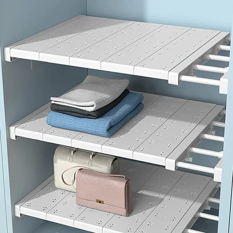 Adjustable No-Drill Shelf Organizer -Metal & Plastic Storage Partition for Kitchen, or Wardrobe - Versatile Telescopic Organizer