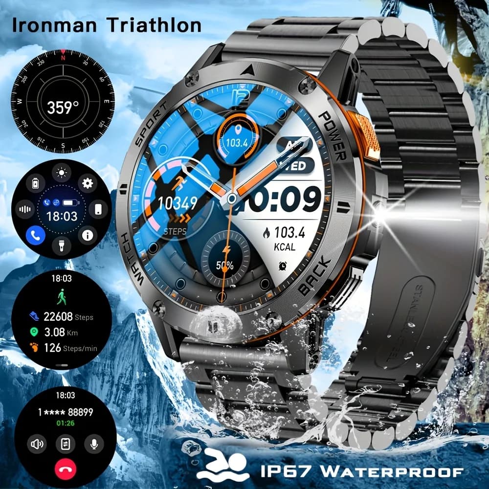New Sports Smartwatch for Triathlon with LED Flashlight, Compass, Wireless Communication, AI Vocal Assistant, for Open Fitness