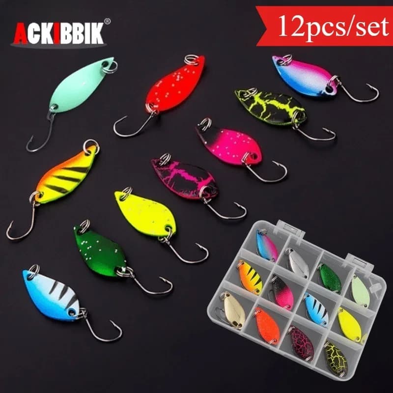 Ackibbik 12 pcs Spinner Trout Esca Metal Cucchiaio Fishing Recreation Jig Hook Wobbler Casting Jigging Equipment Accessories