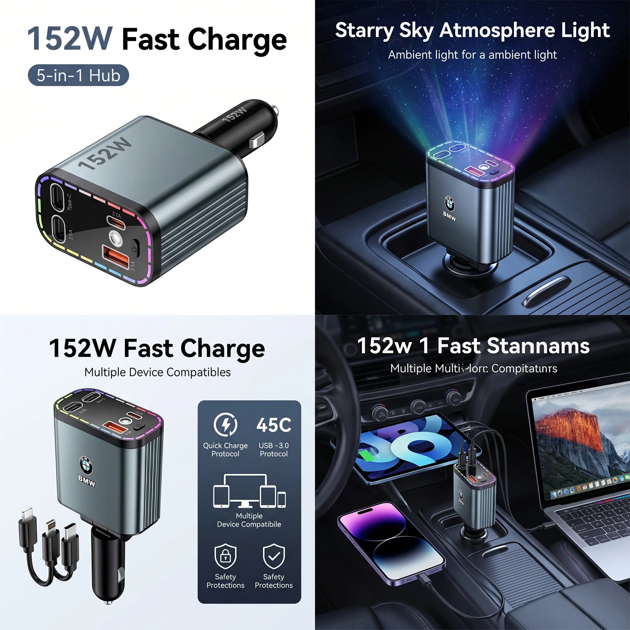 152W 4‑in‑1 Retractable Car Charger RGB Starry Ambient Light Fast Charge Multi‑port Adapter For BMW 3 5 7 Series X1 X3 X5 X7