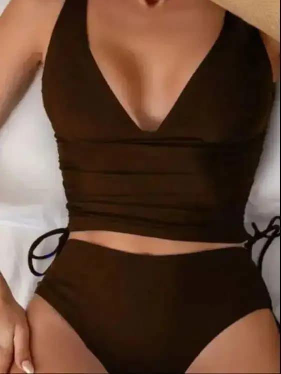 Costume da bagno a due pezzi da donna, nuovo arrivo, tinta unita, scollo a V profondo, bikini con laccetti, vita alta, costume da bagno sexy