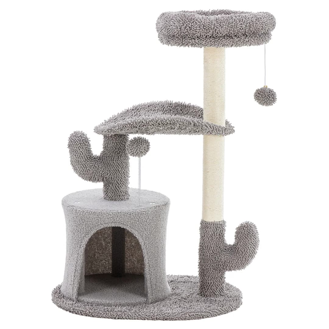 Albero per Gatti da 33 Pollici con Tiragraffi, Soggiorno Curvo e Cuccia Accogliente, Design a Cactus per Gatti da Interno