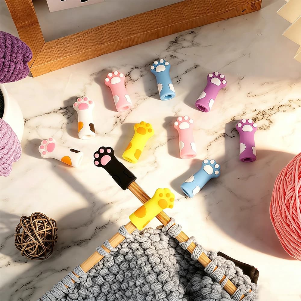 6pcs Cute Cat Paw Knitting Needle Stoppers Silicone Anti-Shedding Needles Cap DIY Handmade Sewing Weave Tool Accessories Set