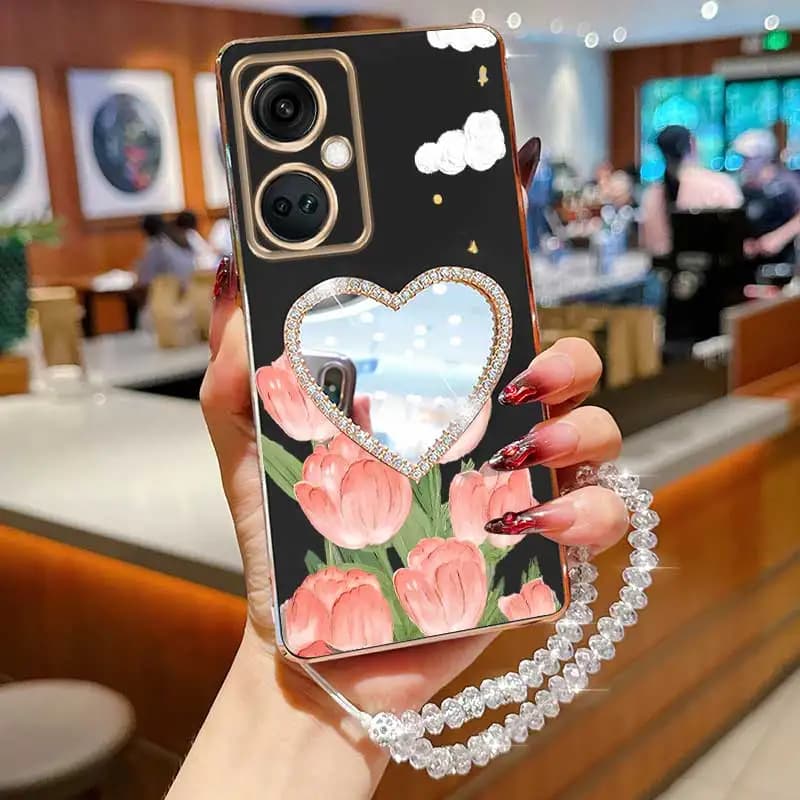 Crystal Strap Lanyard Pink Tulips Mirror Phone Holder Case On For Oneplus 9 9r 8T 10 Ace 11 11R 12 Pro Ace 2b 2 3 3V Cover