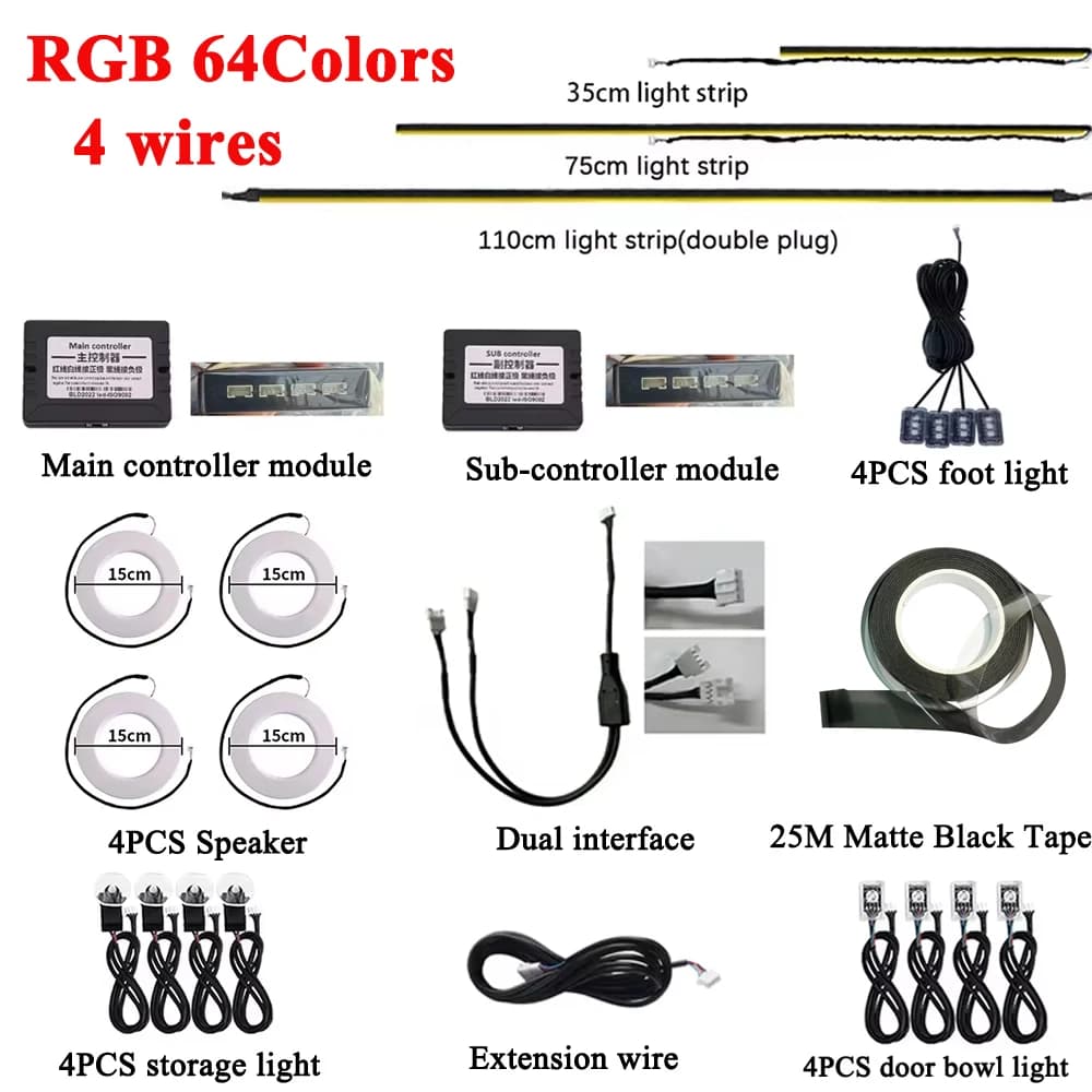 RGB 64 colori LED Kit luce ambientale per auto Parte 4 pin 4 fili 35/75/110 cm Striscia luminosa Principale Sub Controller Cavo di prolunga Footlight