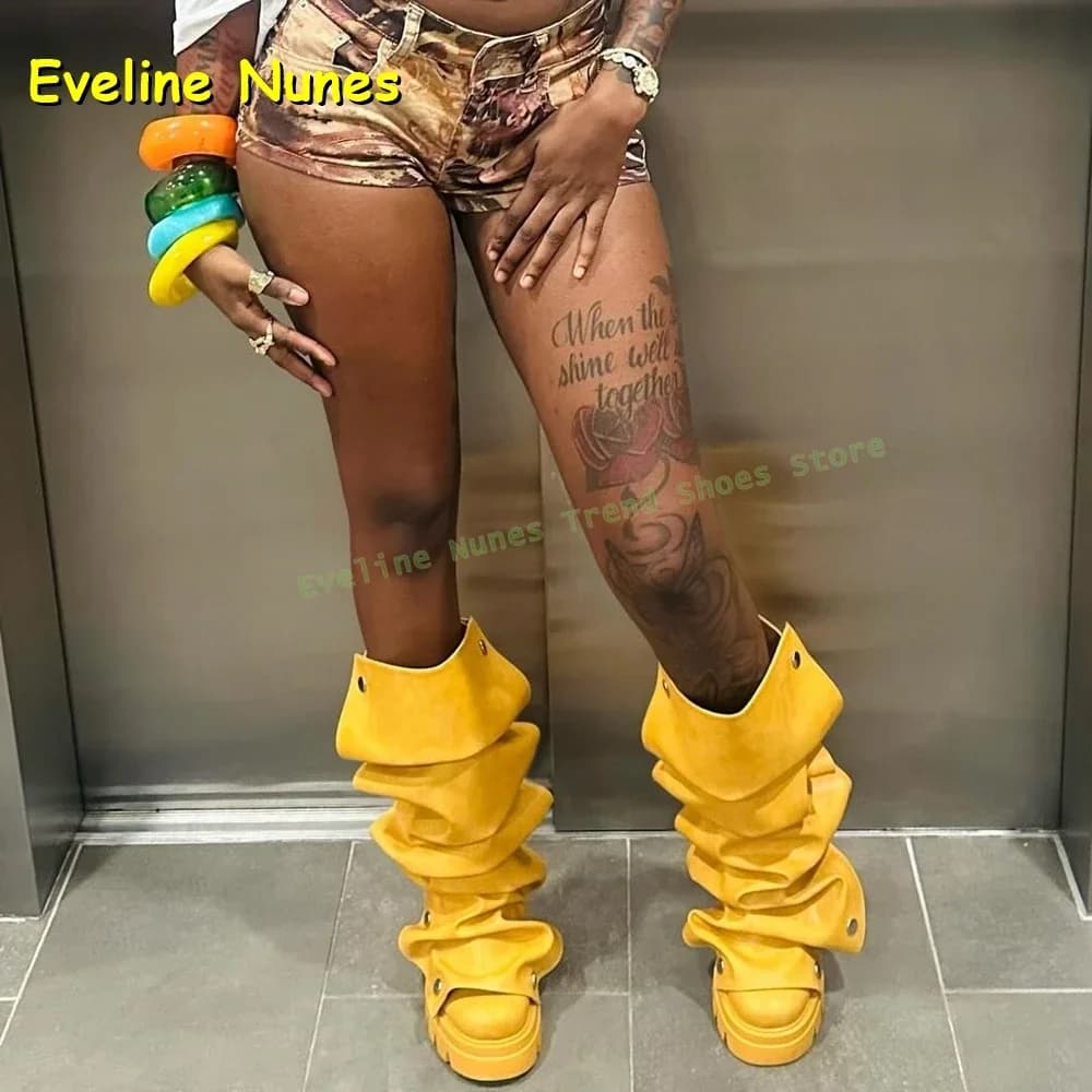 Spicy Girl Knee High Boots Street Style Shoes Yellow Pleated Rivet Sleeve Boots Round Toe Chunky Heels Pull On Solid Fashion
