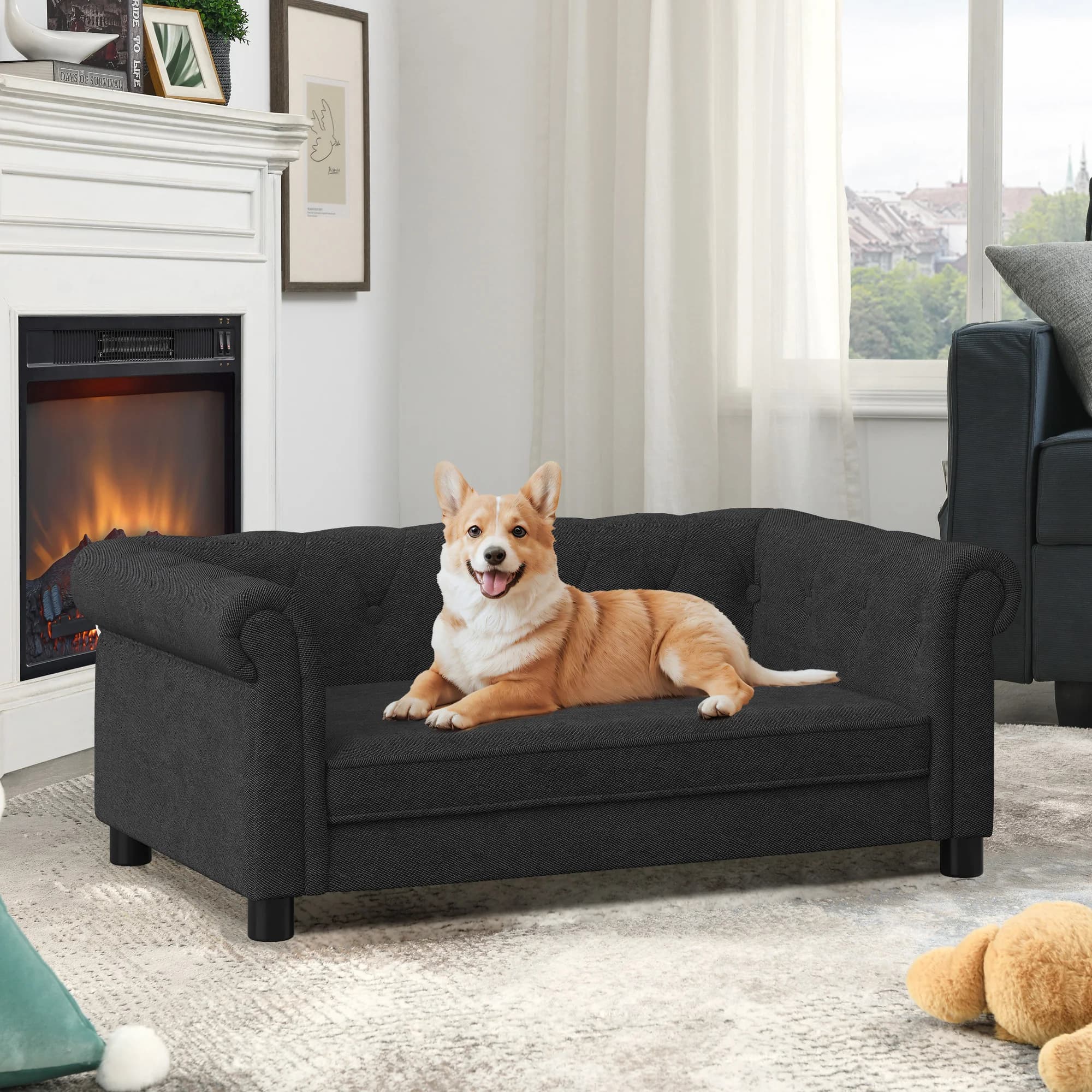 Elegante Cuccia Rettangolare per Cani di Piccola e Media Taglia, Divano Rialzato Resistente per Cani, Comodo Tessuto in Lino Nero