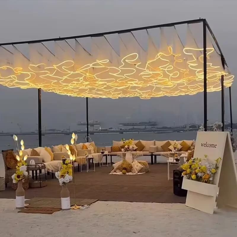 Wedding Ceiling Decoration Outdoor LED Luminous Wave Gauze Curtain with String Lights Event Layout Props