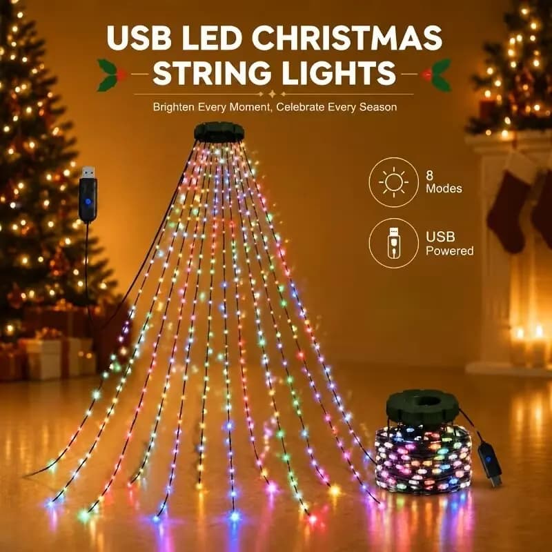 LED Christmas Tree Waterfall String Lights USB Powered 8 Mode Remote Control Fairy Lights Indoor Home Party Holiday Decorations