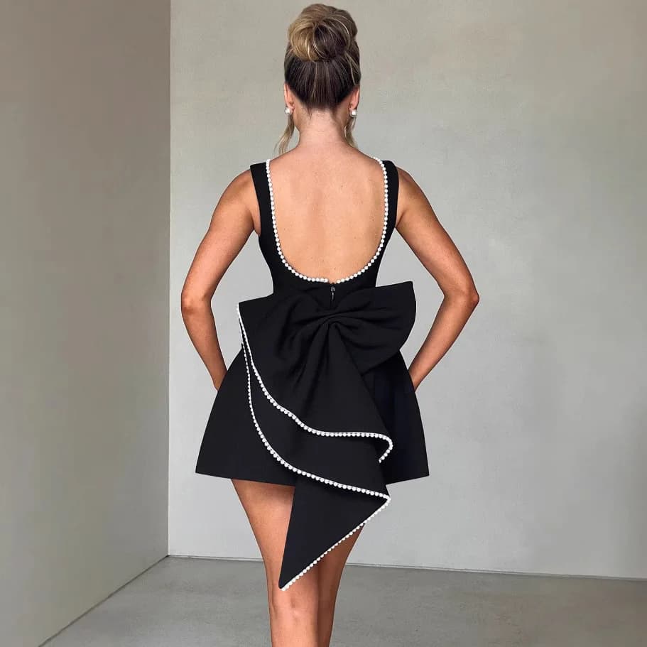Fashionable Pearl Knot Short Skirt Sexy Backless Slim Fit A-Line Dress for Women High Waist Acetate Fabric Bright T...