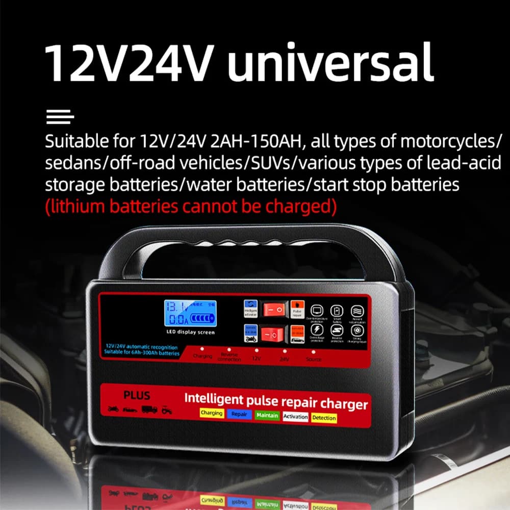 Caricabatteria per moto per auto con riparazione a impulsi automatici 12V / 24V Impulso intelligente Ricarica rapida Display LCD digitale portatile