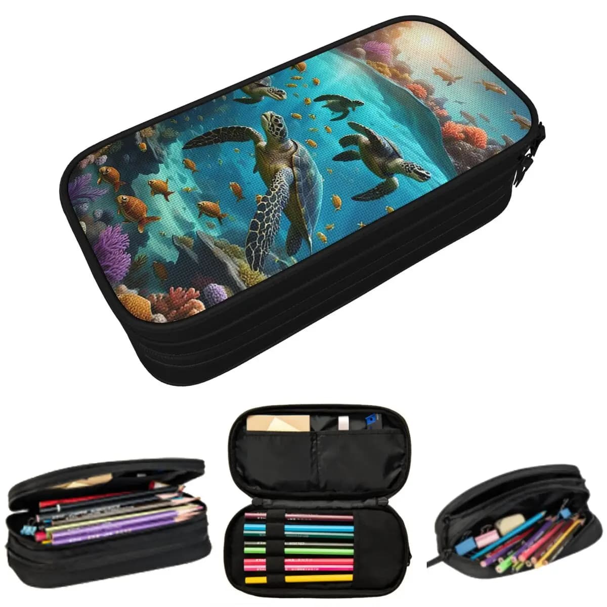 Astuccio per matite Deep Sea Turtle Underwater World per ragazzi e ragazze, astuccio per penne, borsa per cancelleria, porta penne