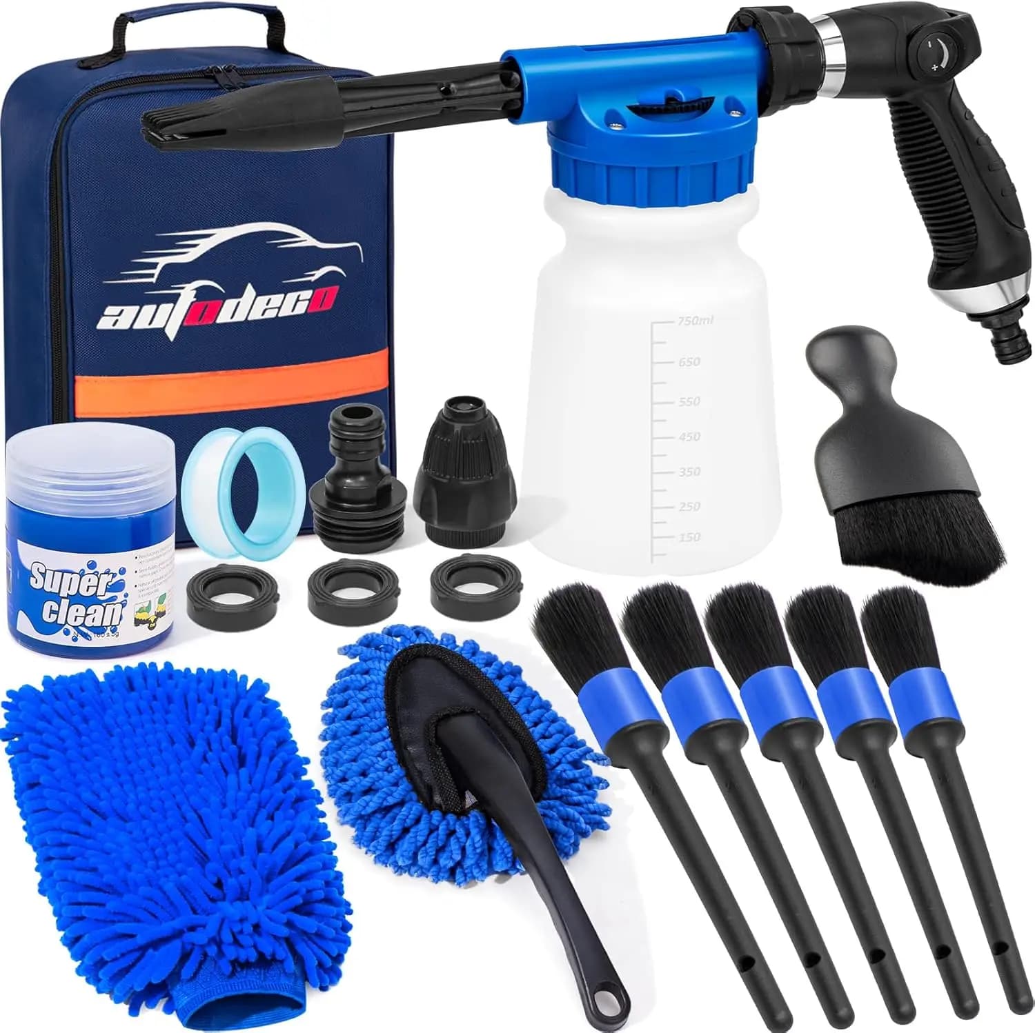 Kit per la pulizia dell'auto con pistola schiumogena, spazzola e guanto grande per la pulizia interna ed esterna (Blu)