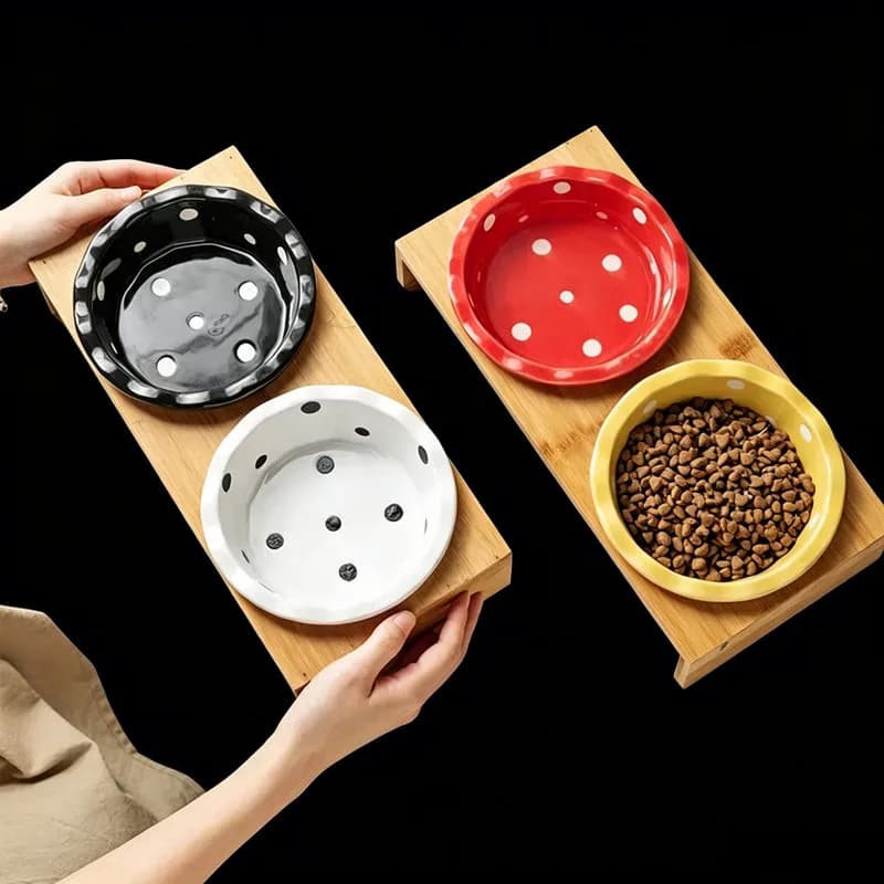 Ceramic Polka Dot Pet Bowl with Bamboo Stand Non-slip Double Cat Dog Food Water Bowl for Small Pets