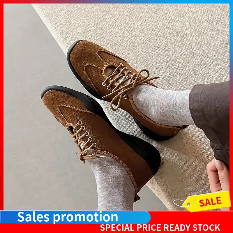 Women Suede Lace Up Loafers Round Toe Rocker Sole Rubber Outsole Top Pigskin Casual Daily Comfort Shoes F271
