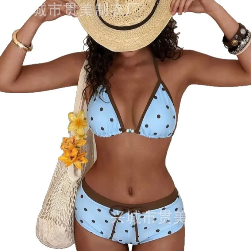 Bikini a pois rosa con contrasti, costume da bagno a due pezzi a pois per ragazza, bikini per vacanze in isola