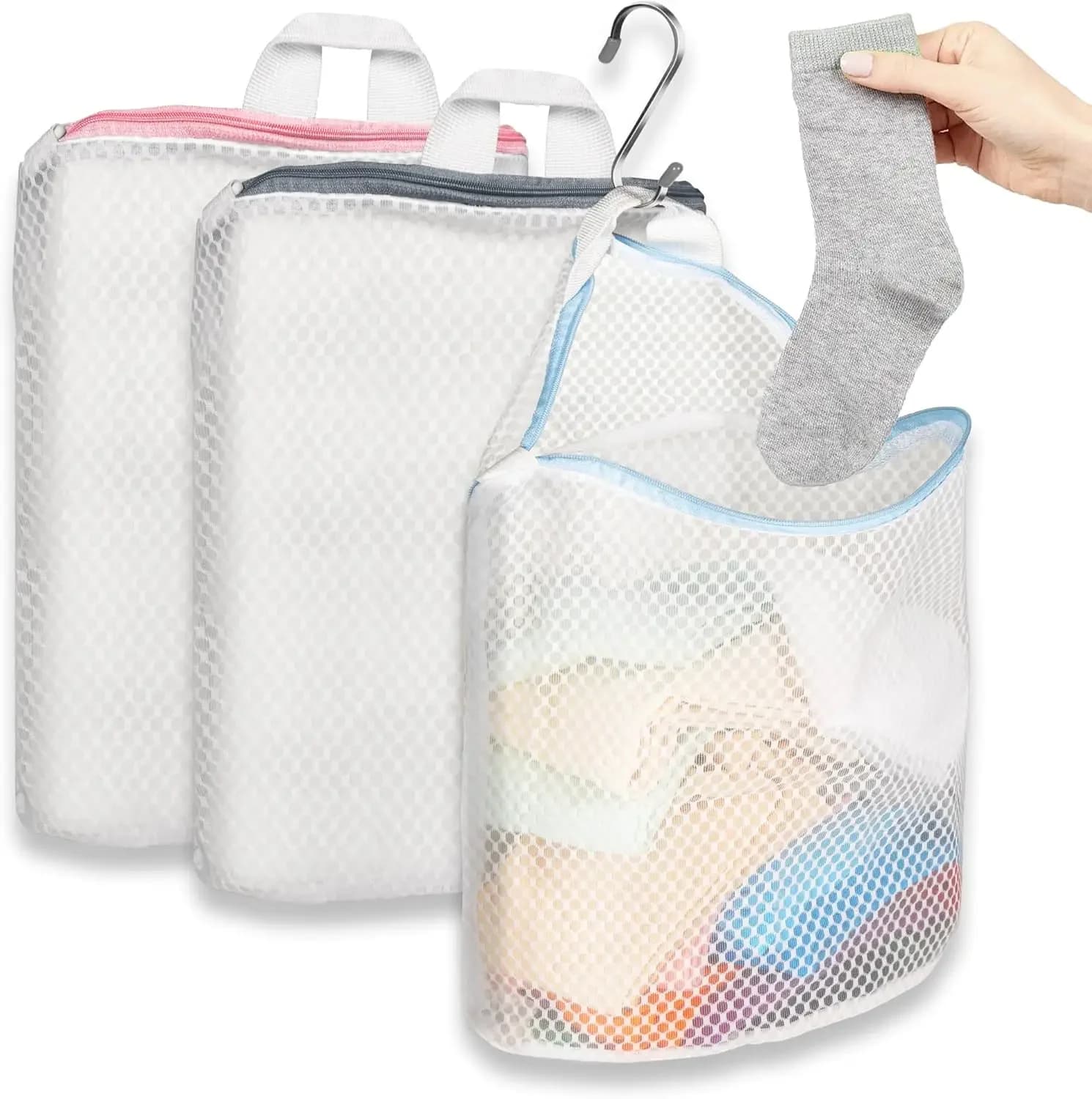3 sacchetti per bucato da appendere per calzini con ganci a S, sacchetti per bucato in rete da 12 x 10 pollici in 3 colori per lavatrice
