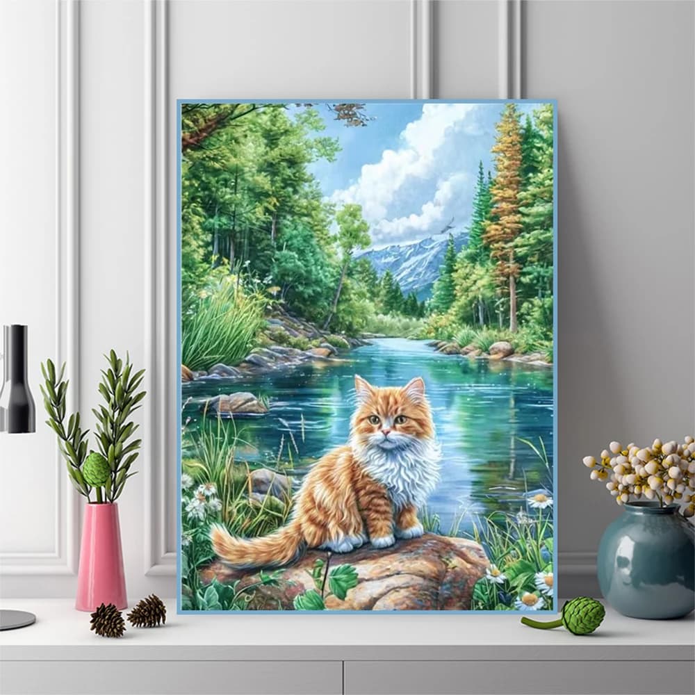 Nuovo Arrivo: Quadro Diamantato Fai da Te con Mosaico di Diamanti, Tema Gatto, Animale, Fiume e Albero, con Strass, Regalo Fatto a Mano