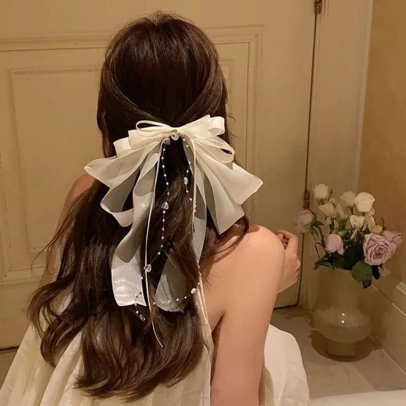 Elegant White Ribbon Bow Hair Clips for Women Long Glossy Ribbon Bow Hair Accessories