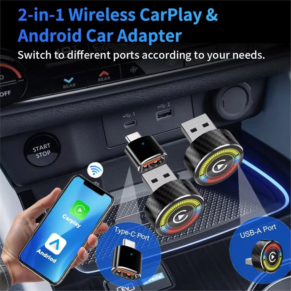 Adattatore Universale 2 in 1 Mini da Cablato a Wireless per CarPlay e Android Auto, Smart Box Plug and Play con Connessione Automatica OTA