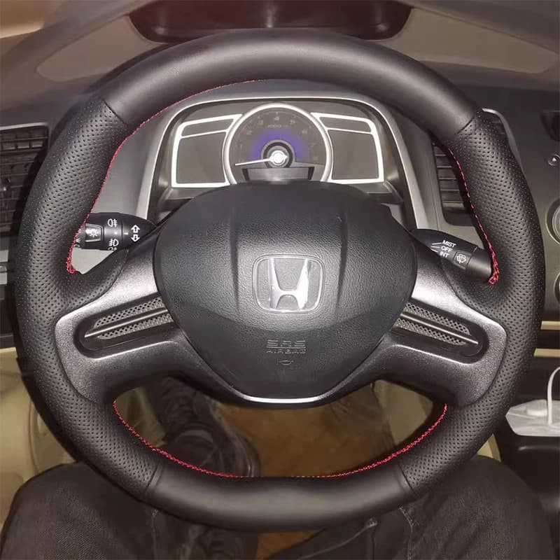 Customized Hand-sewn Car Steering Wheel Cover Braid for Honda Civic 8 Gen Generation 2006 2007 2008 Microfiber Leather Black