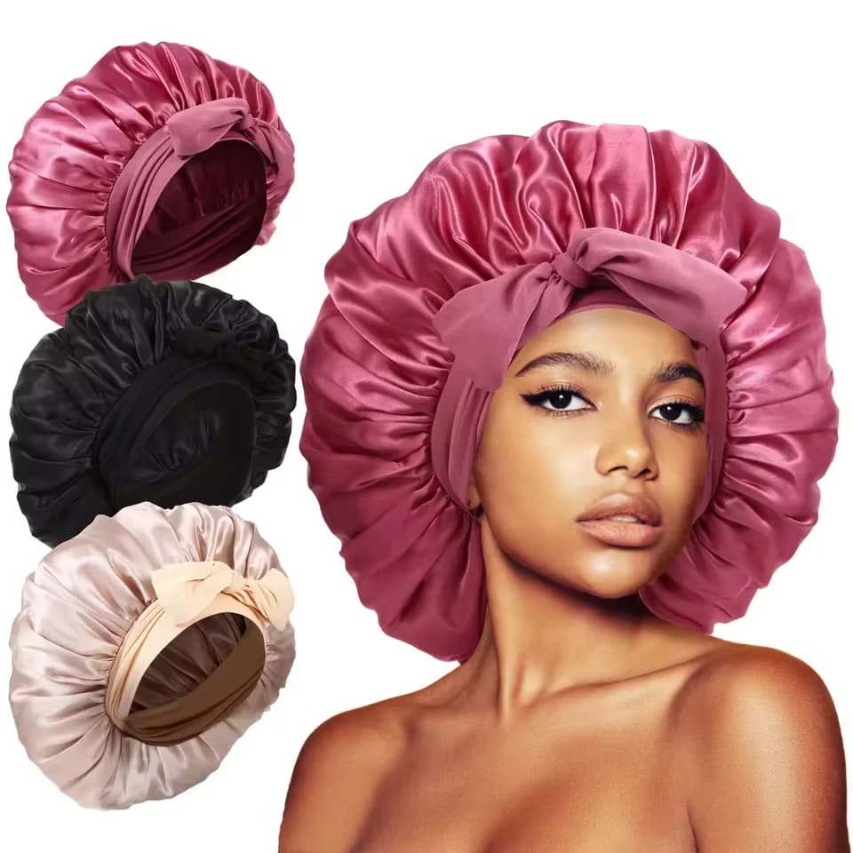 Cuffia da Notte Grande in Raso Elastico per Donna, Berretto da Notte Setoso con Fascia Elastica, Cuffia Doccia, Copricapo per Capelli Ricci e Treccine, Turbante