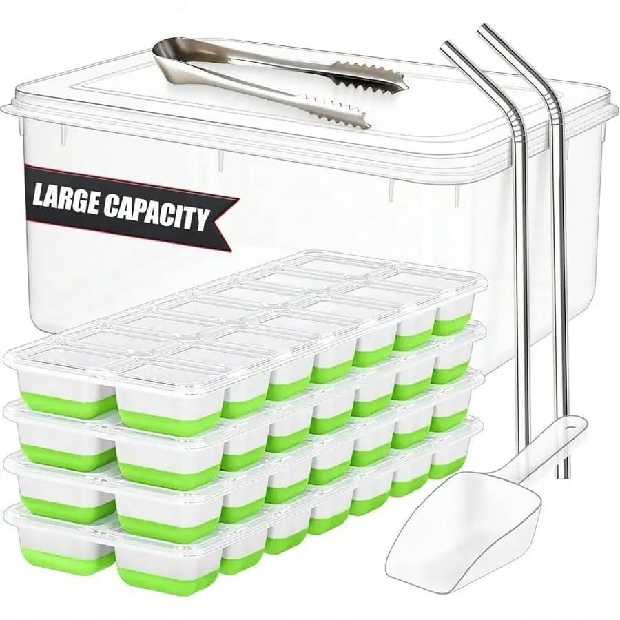 Set da 56 Pezzi: Vassoio con Coperchio e Contenitore - Stampo per Ghiaccio Impilabile in Silicone con 4 Vassoi, Grande Secchiello per Ghiaccio con Paletta, Pinze e 2 Cannucce in Acciaio Inossidabile - Produttore di Ghiaccio a Sgancio Facile per Cocktail, Caffè, Camper, Whisky