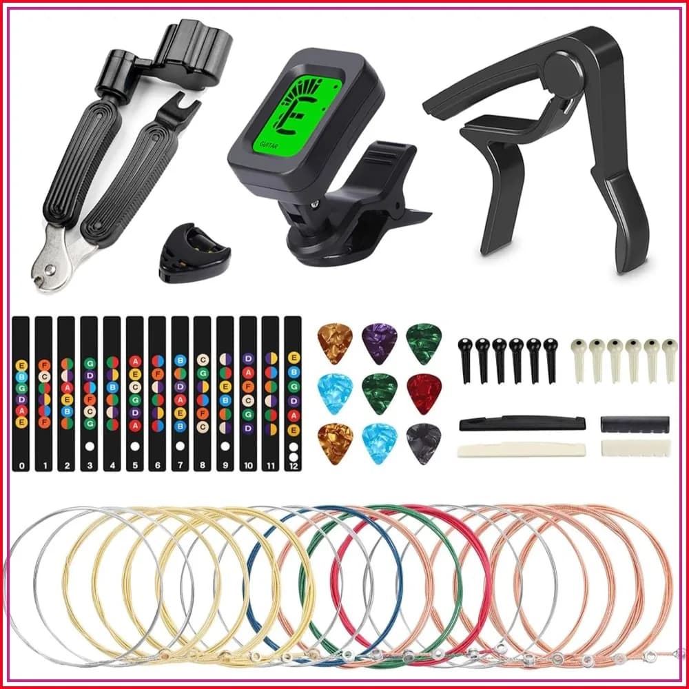 Complete Guitar Accessories Kit: Strings, Tuner, Capo, Restring Tool, Pick Holder, Bridge Pins, Nuts & Saddles, Fretboard Stickers