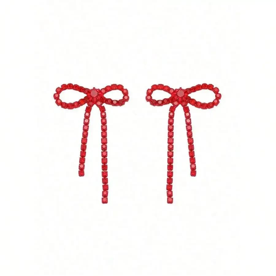 Red Rhinestone Bow Knot Drop Earrings For Women Daily Wear