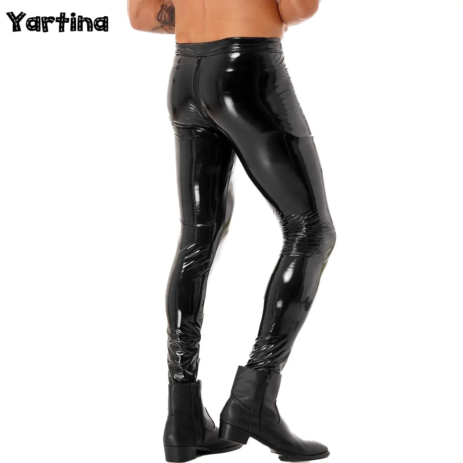Men's trousers with bidirectional zipper on the horse Clubwear Skinny pants with patent leather Leggings Biker pants for parties
