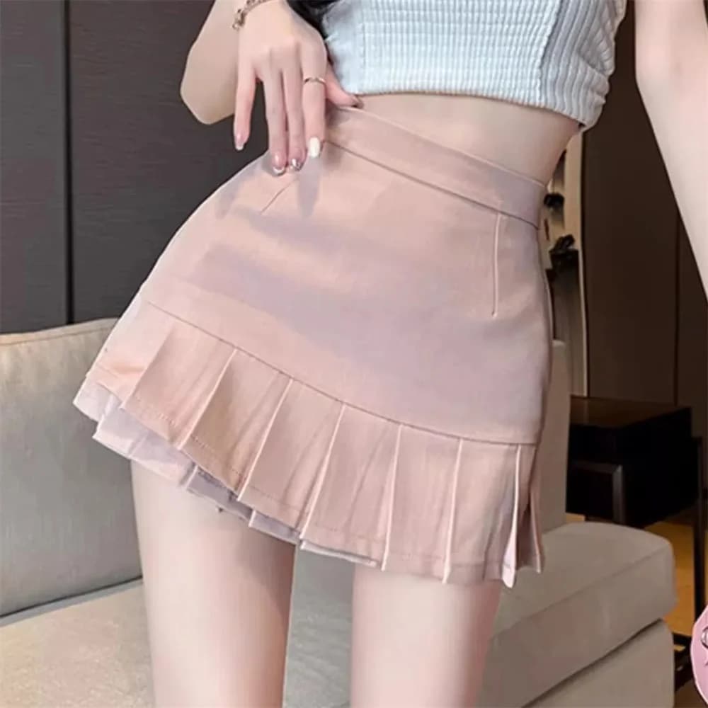 Summer Casual Solid Color Korean Pleated Bandage Mini Skirt Woman Spring High Waist A-Line Skirt Wild Suit Short Skirts Women