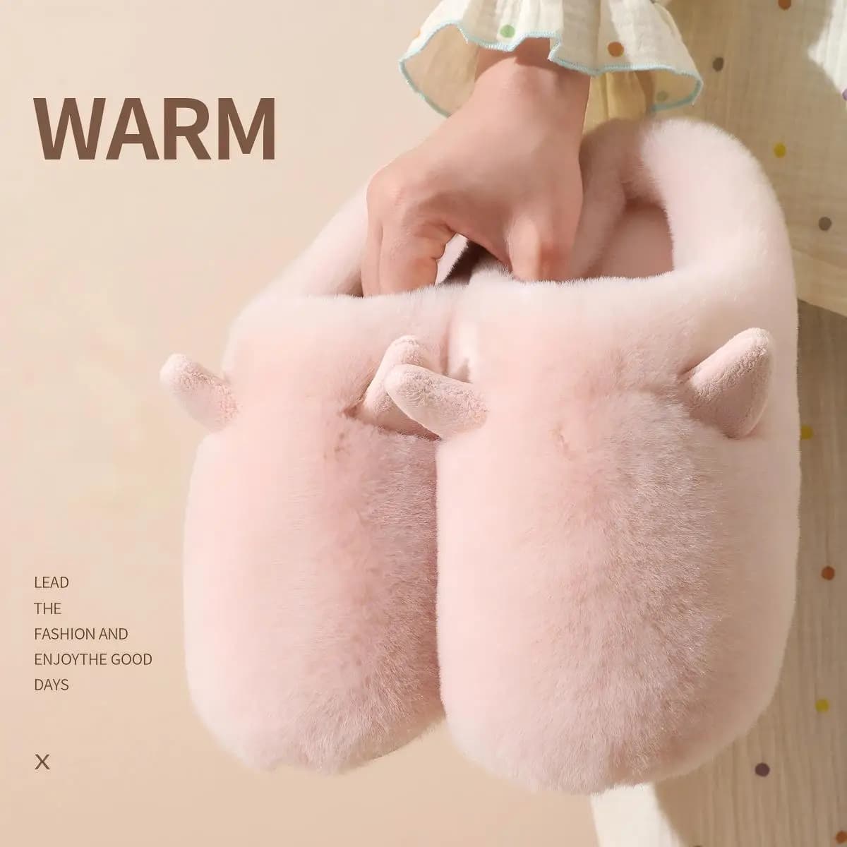 Women's High-End Plush Cotton Slippers with Small Ears, Winter Warm Thick-Soled Cute Girly Home Slippers with Closed Toe